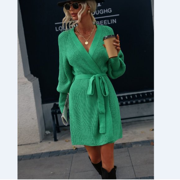 Rib-Knit Lantern Sleeve Belted Sweater Dress - Picture 10 of 16